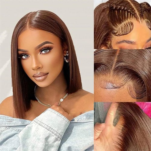 Brown Bob Wigs Human Hair for Black Women 13x4 HD Transparent Lace Front Bob Wig Human Hair Pre Plucked with Baby Hair Wear and Go Glueless Straight Short Bob Wig 180% Density #4 Brown Color 10 Inch