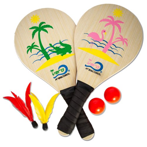 Frescobol Florida Set, 2 Original Vero frescobol Beach Paddles, 2 Balls, 2 Darts and Beach Tote-Bag (Pink Flamingo & Green Alligator Set)