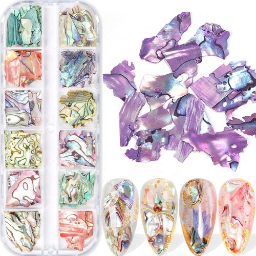 Abalone Seashell Slices, 3D Nail Art Glitter Sequins Irregular Thin Flakes Nail Design Shell Slices Decoration UV Gel Shiny Accessories Mermaid DIY Acrylic Nails Supplies for Women Girls(12 Grids)