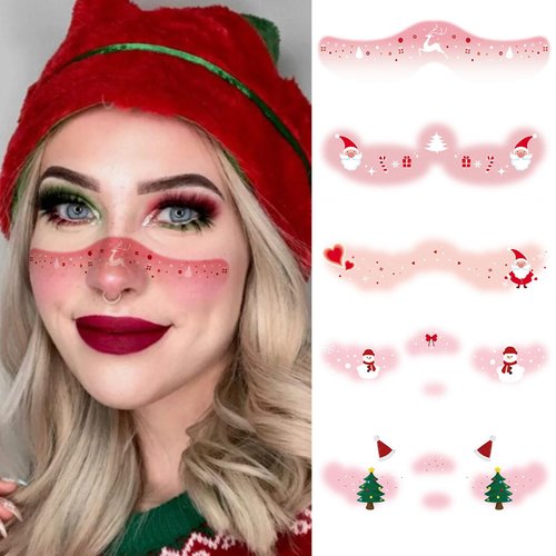 10 Sheets Christmas Blush Face Stickers Cute Elk Deer Snowflake Santa Claus Xmas Tree Temporary Tattoos Self-adhesive Face Sticker Winter Xmas Face Body Decal Stage Makeup Party Face Decoration