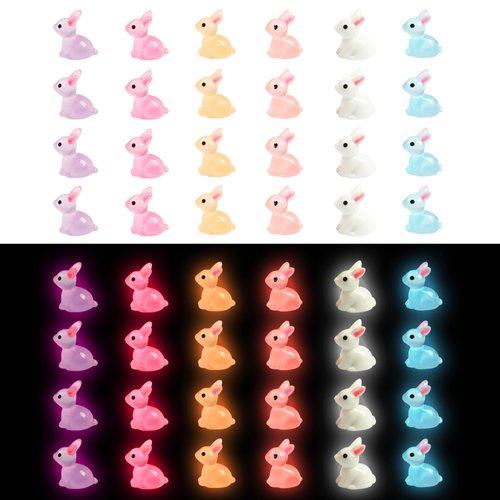 60 Pcs Easter Mini Resin Rabbit 6 Colors Luminous Miniature Bunny in The Dark Fairy Garden Accessories for Garden Landscape, Dollhouse Decor and Slime (60pcs 6colors)