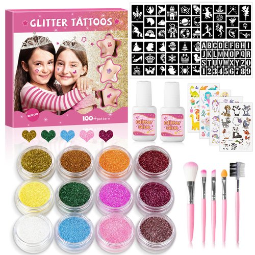 Temporary Glitter Tattoo Kit for Kid,12 Color Glitter Tattoos,92 Stencils, 4 Sheets Temporary Tattoos,2 Glues,5 Brushes, Adults & Kids Arts Glitter Make Up Kit,Beautiful Holiday Gifts for Girls&Boys.