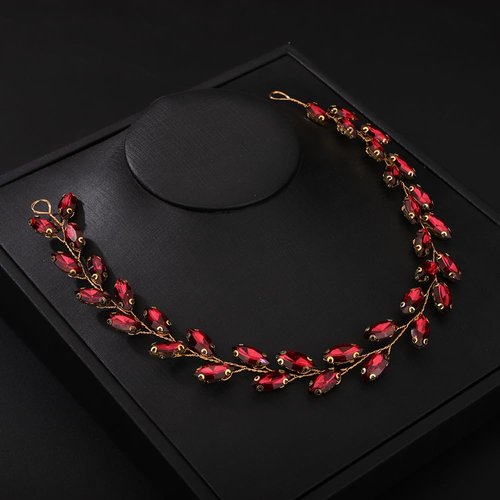 Teyglen Bride Wedding Crystal Hair Vine Full Red Crystal Headband Bridal Hair Accessories Wedding Headpiece Handmade Rhinestone Hair Piece Headband for Women Girls (Wine Red)