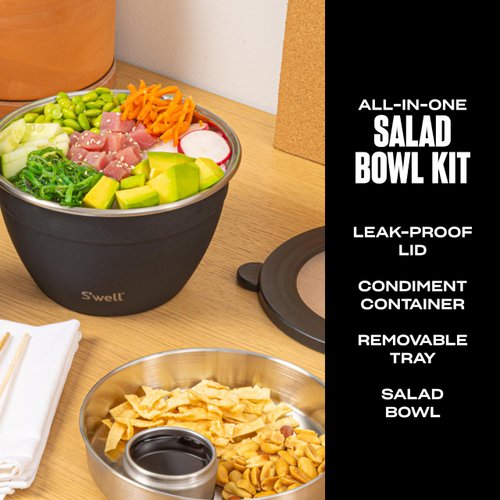 S'well Stainless Steel Salad Bowl Kit - 64oz, Onyx - Comes with 2oz Condiment Container and Removable Tray for Organization - Leak-Proof, Easy to Clean, Dishwasher Safe