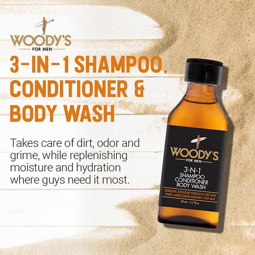 Woody's 3-in-1 Shampoo, Conditioner, Body Wash, Multipurpose Wash for Men, for all Hair and Skin Types, Mini-Size, 1.7 Ounce