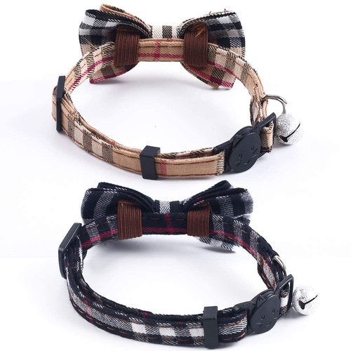 SuperBuddy Cat Collars Breakaway with Cute Bow Bell - 2 Pack Kitten Collar Plaid Cat Collar with Removable Bowtie Cat Collar for Cats Kittens…
