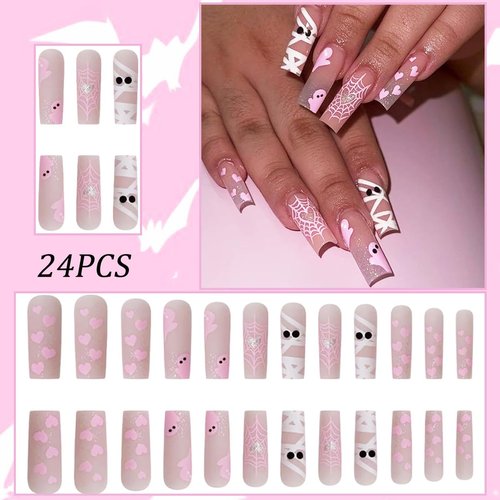 Halloween Press on Nails Long Coffin Fake Nails Halloween Cute Ghost Heart with Glitter Design Glossy Acrylic Nails Full Cover Nude False Nails Holiday Manicure Accessories kit for Women and Girls