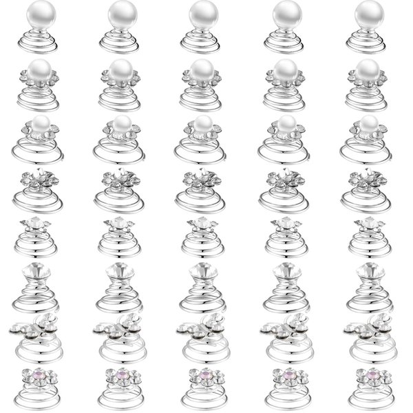 40 Pieces Spiral Hair Pins Swirl Hair Twists Coils Rhinestone Hair Spiral Jewelry Hair Pin Clip Accessories for Wedding Bridal Party Favors, 8 Styles