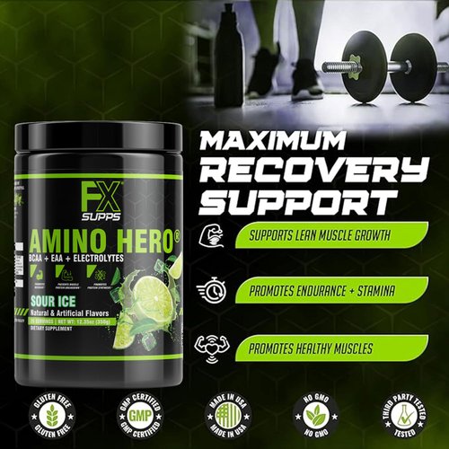 FXSUPPS Amino Hero Sour Ice Flavor (50 Servings) | Post-Workout Recovery Drink for Men and Women | Energy Powder Mix with BCAA, EAA, and Electrolytes | Promotes Endurance and Healthy Muscles - 2 Pack