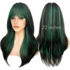 Sallcks Womens Green Wig Long Layered Green with Black Highlight Wigs with Bangs Heat Resistant Synthetic Fiber Wigs