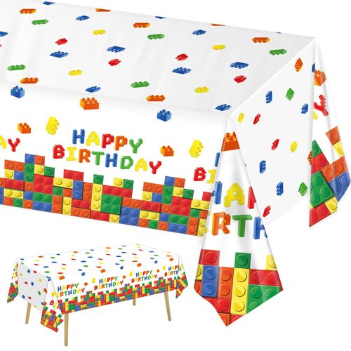 LINHAXM 3 Pack Building Block Party Tablecloth Building Block Disposable Plastic Table Cover for Children Kids Blocks Birthday Party Supplies, 54 x 108 Inch