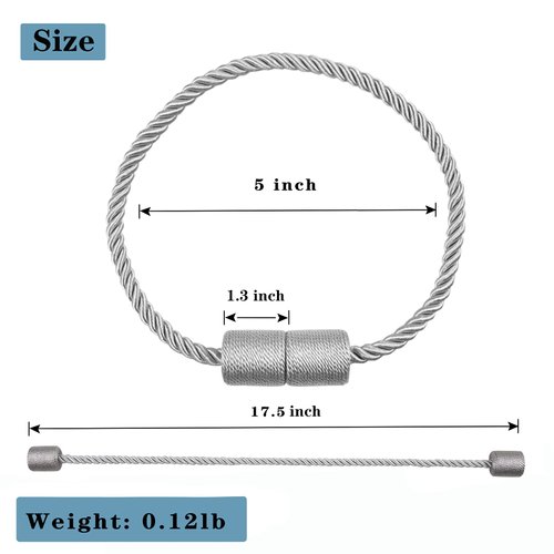 Porlau 6 Pack Grey Strong Magnetic Curtain Tiebacks Outdoor Elegant Decorative Tie Backs Modern Rope Tiebacks for Drapes Window Curtain Holdbacks for Draperies