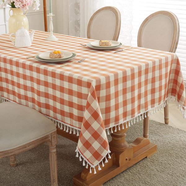 Laolitou Checkered Tablecloth Rectangle Washable Buffalo Plaid Fall Table Cloth with Tassel Cotton Linen Gingham Thanksgiving Table Cover for Picnic Kitchen Dining Room, Orange, 86 Inch