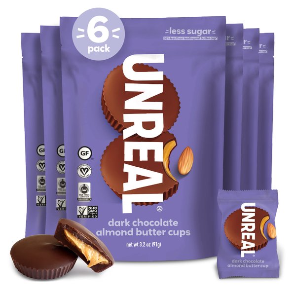 UNREAL Dark Chocolate Almond Butter Cups | Vegan, Gluten Free, Less Sugar | 3.2 Ounce (Pack of 6)