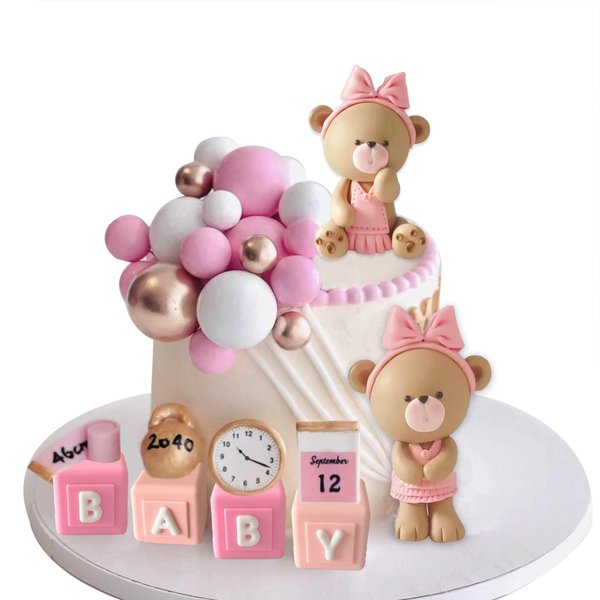 Bear Cake Toppers Balls Cake Decorations with BABY Letters for Baby Shower Gender Reveal Bear Themed Birthday Party Supplies (Girl)