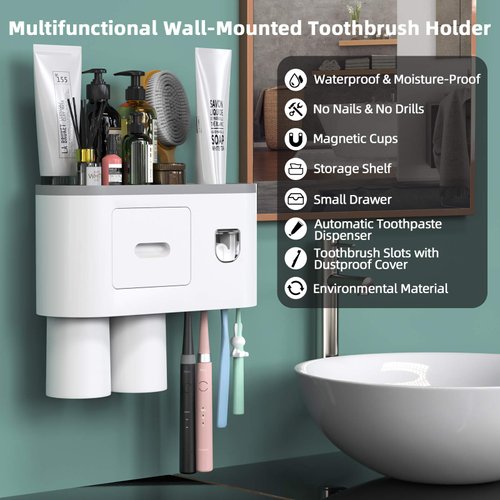 Toothbrush Holder Wall Mounted, Automatic Toothpaste Dispenser Squeezer Kit -Magnetic Toothbrush Holder for Bathroom and Vanity, 4 Brush Slots 2 Cups 1 Cosmetic Drawer