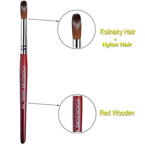 PCUORLEORS Acrylic Nail Brush with Pure Kolinsky Sable Hair and Red Wood Hand, Round/Flat Professional Gel Brush for Acrylic Power and Nail Extension Size #8,10,12 (#10)