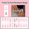 ANDGING French Tip Press on Nails Square Medium Long White Fake Nails Glue on Nails with Floral Rhinestone Design Manicure Acrylic Women False Nails with Glue Gel Stick on Nail for Wedding Birthday
