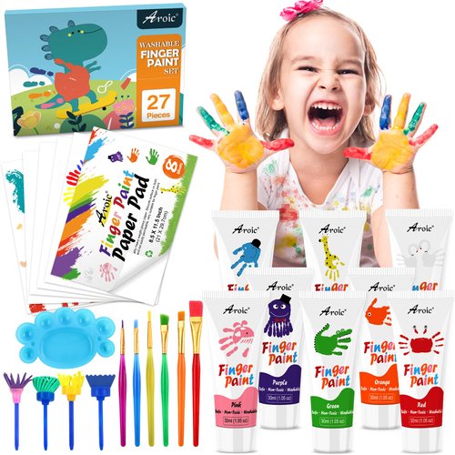 27PCS Kids Washable Finger Paint Set, Non Toxic Finger Paints 8 Colors, Finger Paint Paper, Brushes, Sponges, Art Painting Supplies for Toddlers,Finger Painting Supplies for Kids Boys Girls Gifts
