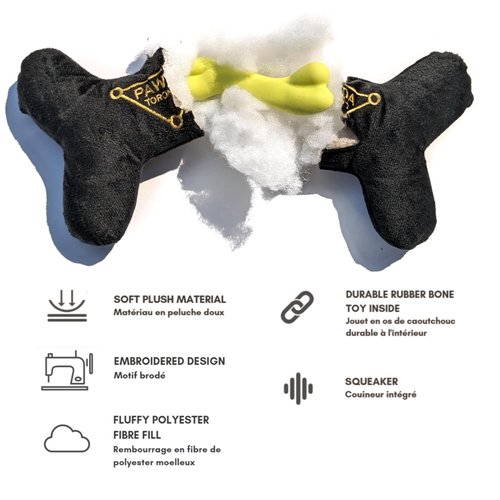 Vanity Fur Pet Shop 2-in-1 Interactive Plush Dog Toy, Stuffed Squeaky Enrichment Chew Toys, Fashion Designer Parody Dog Toy, Squeaker and Rubber Bone Inside | Yves Saint Le-Rawr