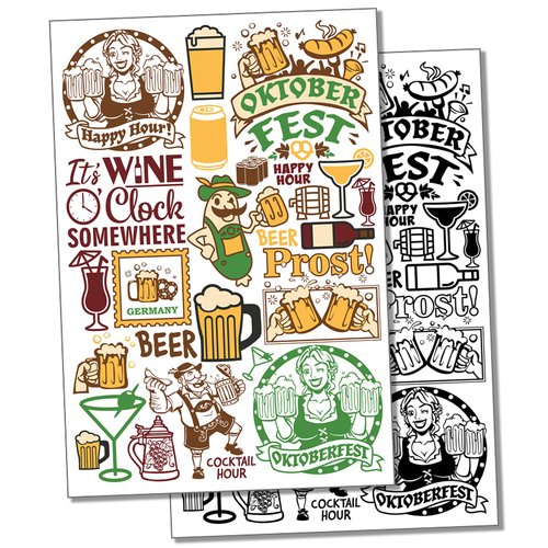 Cocktails Wine Beer German Oktoberfest Temporary Tattoo Water Resistant Fake Body Art Set Collection - Color (One Sheet)