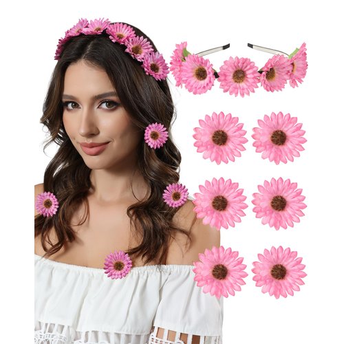 Ufgin Sunflower Headband for Women-6PCS Sunflower Hair Clips with Sunflower Wreath Hippie Headband Daisy Hairpins Daisy Crown Sunflower Hair Accessories for Women and Girls(Pink)