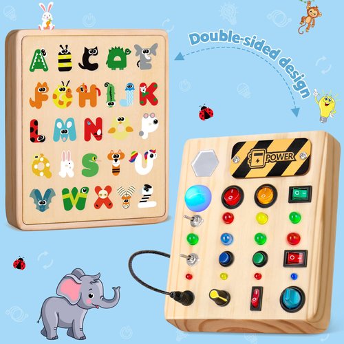 HONGDDY LED Busy Board, Wooden Sensory Toys for Toddler, Montessori Music Toy for Airplane, Travel Activity Educational Learning Toy, Busy Light Switch Autism Toys, Birthday Boys Girls Gifts