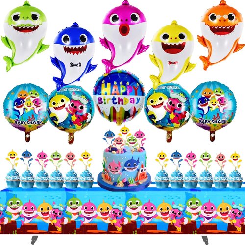 NEW FUNTON 36pcs Baby Shark Party Supply, 10 pcs Baby shark Helium Balloons, 25pcs Baby Shark Cake toppers, Baby Shark Table cloth, Baby Shark Birthday Decorations