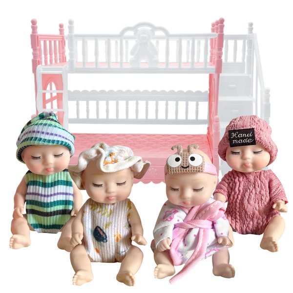 AMETUS 4 Pcs Mini Baby Dolls with Bunk Bed, Dollhouse Bedroom Furniture Set, Little Mini Reborn Babies, Cute Doll for Girls Kids, Birthday Baby Shower Party Gifts, Fashion Clothes Nap Cuties