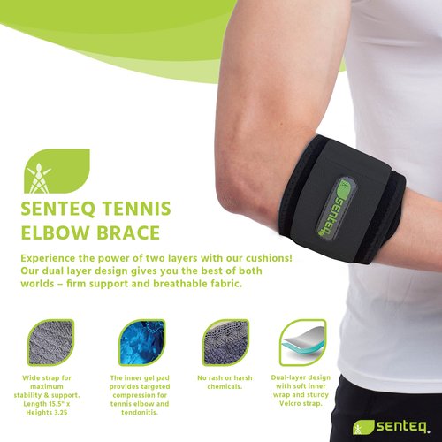 SENTEQ Elbow Brace Support Strap - Forearm Compression Sleeve, Tennis Elbow Brace for Men and Women, Fit Wrap Band for Weightlifting, Tennis, Golf Pressure Relief & Sports Injury Recovery, 2ct, 1-Pack