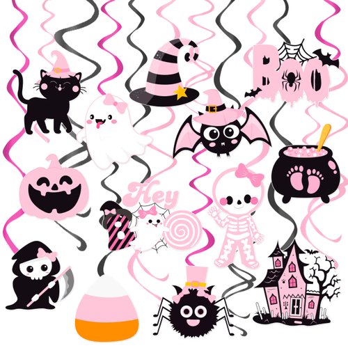 Halloween Party Hanging Swirls Halloween Ghost Boo Party Hanging Decoration Pink Pumpkin Bat Witch Themed Swirl Ceiling Streamers for Girls Halloween Party Trick or Treat Party Supplies