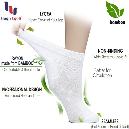 Hugh Ugoli Diabetic Socks for Women, Super Soft & Thin Bamboo Ankle Socks, Wide & Loose, Non-Binding Top & Seamless Toe, 4 Pairs, Light Grey, Shoe Size: 6-9