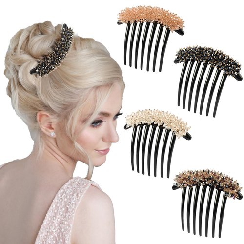 Petunny 4Pcs Crystal Side Hair Comb Rhinestone Black Plastic Hair Side Combs Glitter Side Hair Combs for Women Girls(Random Colors)