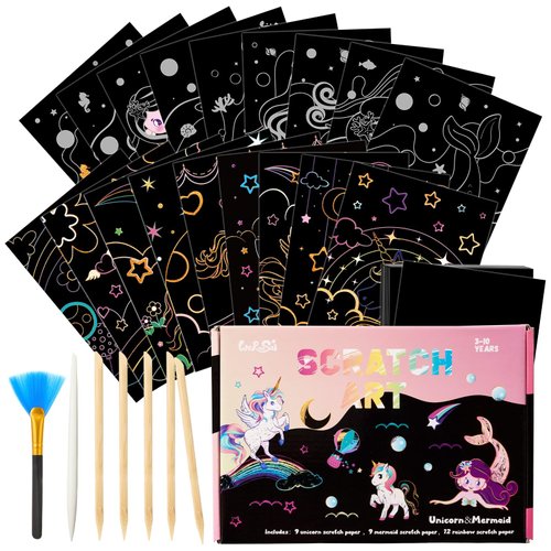 Scratch Art Kit for Kids - 30 Pcs Magic Scratch Off Paper for Girls Unicorn Mermaid Theme Art Supplies Colorful Drawing Art Craft with Wooden Stylus Kids Activities Party Christmas Birthday Gift
