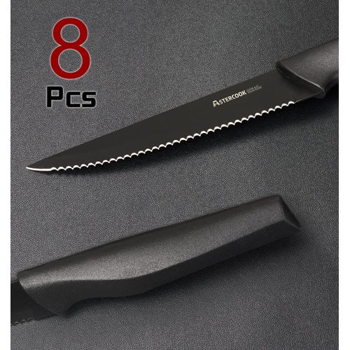 Astercook Steak Knives, Steak Knives Set of 8, Dishwasher Safe High Carbon Stainless Steel Serrated Steak Knife, Black