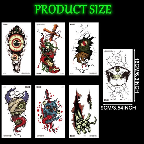 Fssqii 7 Sheets Luminous Halloween Temporary Tattoos for Women Men Kids Glow 3D Horror Skull Shoulder Half Arm Tattoos Stickers Scary Decorations Party Fake Tattoos Accessories for Halloween Cosplay