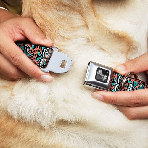 Dog Collar Seatbelt Buckle Totem Carvings Black White Orange Turquoise 16 to 23 Inches 1.5 Inch Wide