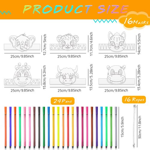 HESTYA 16 Pcs DIY Animal Headbands with 24 Watercolor Pens - Jungle Coloring Crowns and Party Hats for Kids' Crafts, Costumes, and Cosplay