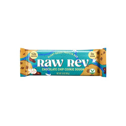 Raw Rev Vegan High-Protein Bars, Chocolate Chip Cookie Dough, 12g Plant Protein, 11g Fiber, Keto, Non-GMO, 1.6 Oz, Pack of 12