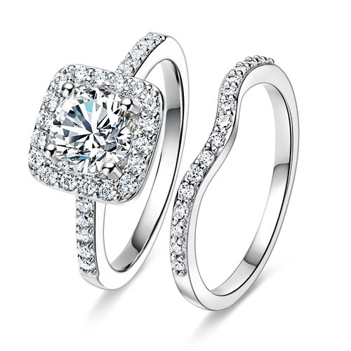 MDFUN 18K White Gold Plated Cubic Zirconia Two-In-One Halo Wedding Engagement Promise Eternity Ring for Women Size 6.5