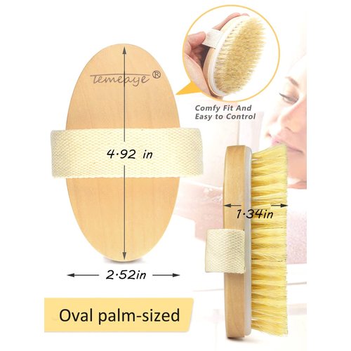 TEMEAYE Dry Brushing Body Brush, Body Skin Exfoliator Scrubber, for Skin Dry Brushing Massage, Lymphatic Drainage & Blood Circulation Improvement, Medium Strength (Boar Bristle and Wooden Handle)