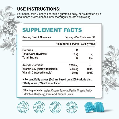 Zetelixia Acetyl L-Carnitine Gummies 2000mg, L-Carnitine Supplement with Vitamin C & B12, ALCAR for Energy, Brain & Mood Support, Fatty Acid Metabolism, Vegan, Non-GMO, Sugar Free, 60 Count
