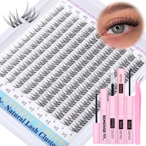 Natural Lash Clusters Kit DIY Lash Extension Kit Wispy Eyelash Extension Kit C Curl Individual Lashes Kit 9-12MM Short Eyelash Clusters with Lash Remover by Newcally