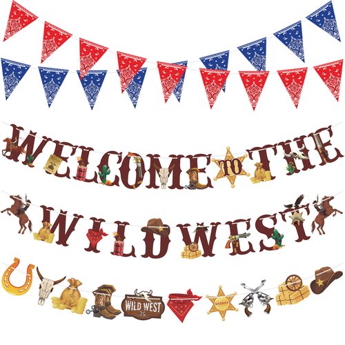 5 PCS Western Party Banners Wild West Pennant Banner Cowboy Bandana Banner Welcome to the Wild West Garlands Wild West Party Hanging Decorations for Western Cowboy Birthday Party Supplies