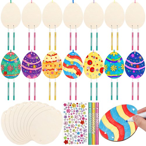Wenqik 12 Sets Easter Wind Chimes Craft for Kids DIY Coloring Wooden Easter Craft Kits Paintable Unfinished Egg Hanging Ornament Crafts for Girls Boys Spring Party School Decor