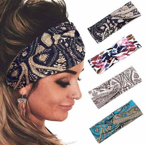 Yean Boho Wide Headbands Black Stretch Hair Bands Elastic Turbans Stylish Head Wraps for Women and Girls (Pack of 4) (vintage)