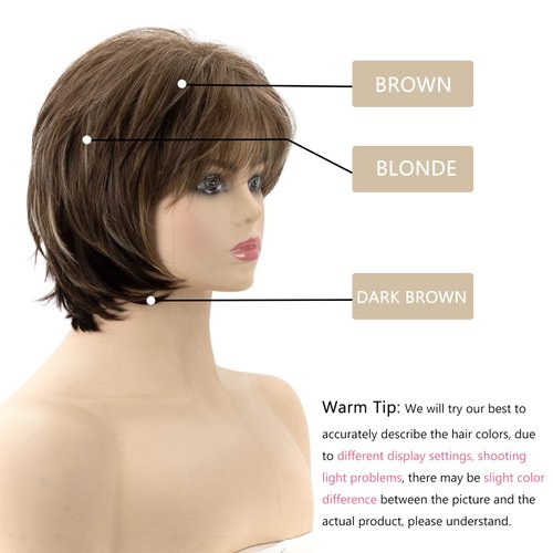 TISHINING Short Brown Mixed Blonde Wigs for White Women with Bangs Layered Brown Pixie Cut Wigs with Blonde Highlights Natural Looking Synthetic Short Hair Wigs for Women
