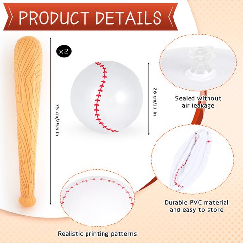 YOTHORN 3 Pcs Inflatable Baseball Set, 11 Inch Beach Ball Baseball and 30 Inch Inflatable Baseball Bat, Baseball Party Decoration for Kid Pool Beach Party Favors (Yellow)