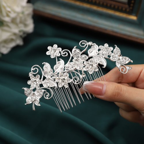 Latious Silver Bride Wedding Flower Hair Comb Floral Bridal Hair Clip Pearl Hair Piece Hair Accessories for Women and Girls