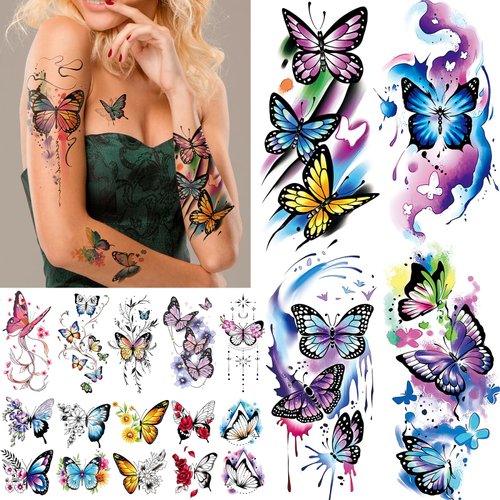 Cerlaza 79 Sheets 3D Butterfly Tattoos Temporary Realistic for Women Adult, Watercolor Fake Tattoos, Adult Temporary Tattoo Stickers on Half Arm Body Art Decorations
